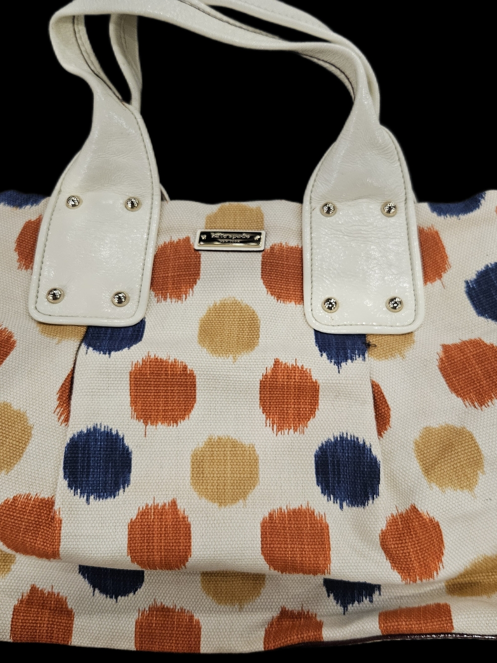 kate spade White Canvas Tote with Orange, Navy & Mustard Polka Dots